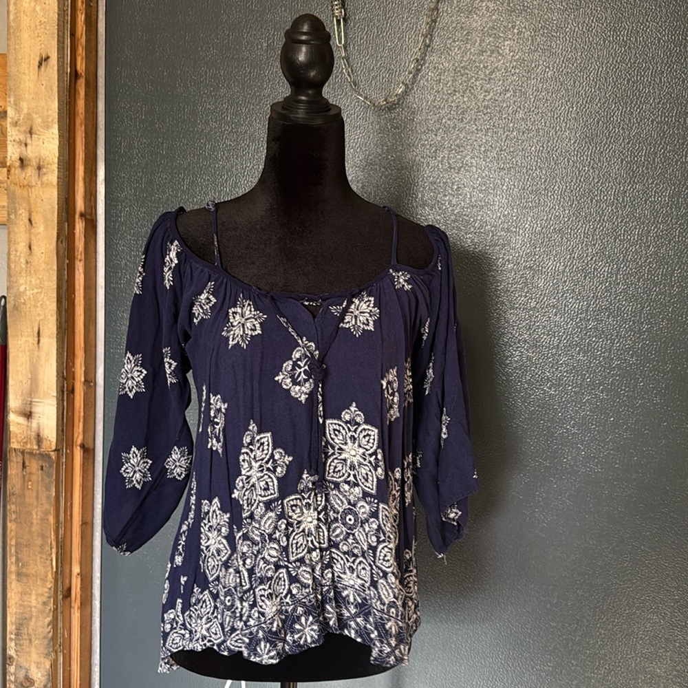 Liberty Love Blue and White Ruffled 3/4 Sleeve Blouse